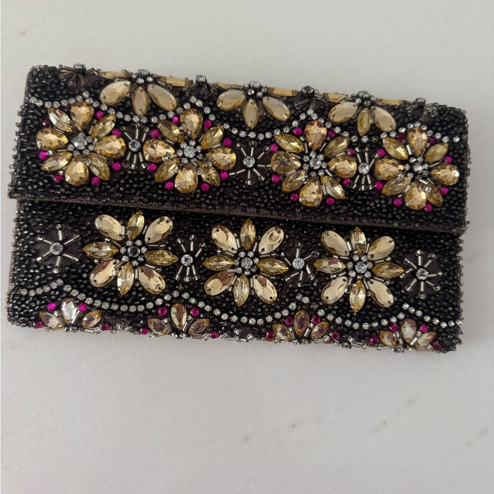 Anthropologie Black Beaded Floral Crystal Clutch with Gold and Pink Accents